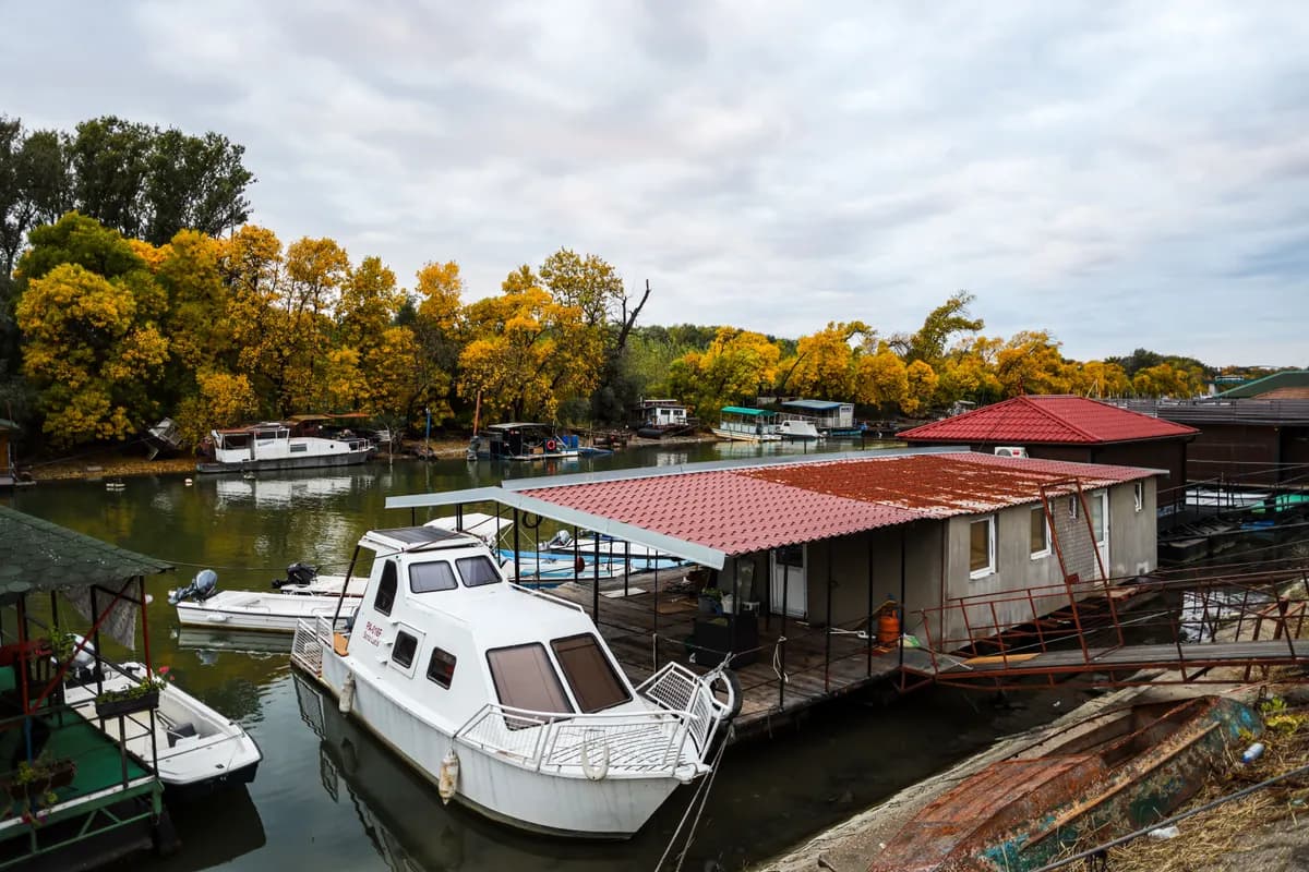 Ukážkový obrázok BookNoFees: Hausboot pri móle s jesennými stromami na brehu