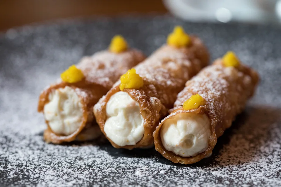 BookNoFees: Ukážková fotografia: Cannoli s krémovou náplňou a posypané práškovým cukrom